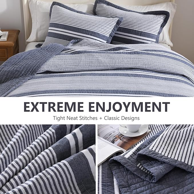 100% Cotton Quilt Set King Size, King Quilt Bedding Set, Waffle Texture Quilt Bedspread for King Bed, Striped Reversible Bed Spread Lightweight Comforter, 3Pcs, Slate Gray