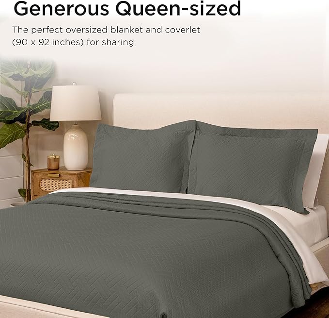 Threadmill Luxury Cotton Blankets for Queen Size Bed | All-Season 100% Cotton Queen Size Blanket | Criss Cross Jacquard Cozy Lightweight, Soft Breathable Coverlet fits Full Size Bed, 90x92 | Dark Grey
