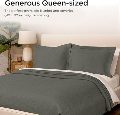 Threadmill Luxury Cotton Blankets for Queen Size Bed | All-Season 100% Cotton Queen Size Blanket | Criss Cross Jacquard Cozy Lightweight, Soft Breathable Coverlet fits Full Size Bed, 90x92 | Dark Grey