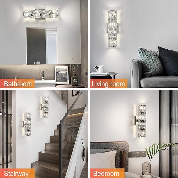 Crystal Wall Sconces Indoor, Modern Sconces Wall Lighting Fixtures Indoor Chrome Wall Mounted Lamp for Bedroom Living Room Hallway Bathroom Vanity Light Fixtures Over Mirror
