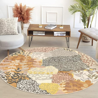 DEXDE Round Rug 4ft Washable Circle Area Rugs Non Slip Low Pile Boho Floral Small Circular Carpet for Bedroom Bathroom Entryway Kids Room Office Dining Room,Camel