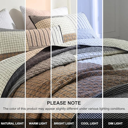 Oversized Quilt Bedspread 128"x120", 100% Cotton Patchwork Cal King Bedspreads Coverlet Set with Pillow Shams, Lightweight Quilted Farmhouse Bedding Cover, Brown/Beige/Gray