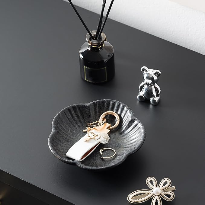 Flower Shape Ring Tray Jewelry Dish Key Bowl Ceramic Trinket Tray Decorative Jewelry Dish for Rings Necklace Earring Key Watch Home Decoration for Friend Sister Mom (Black)