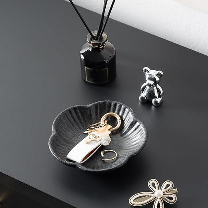 Flower Shape Ring Tray Jewelry Dish Key Bowl Ceramic Trinket Tray Decorative Jewelry Dish for Rings Necklace Earring Key Watch Home Decoration for Friend Sister Mom (Black)