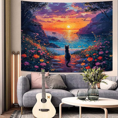 kampdream Landscape Tapestry, Scenery Art Wall Tapestries, Nature Wall Decor for Bedroom Living Room Backdrop Sunset Cat 36×48 inches