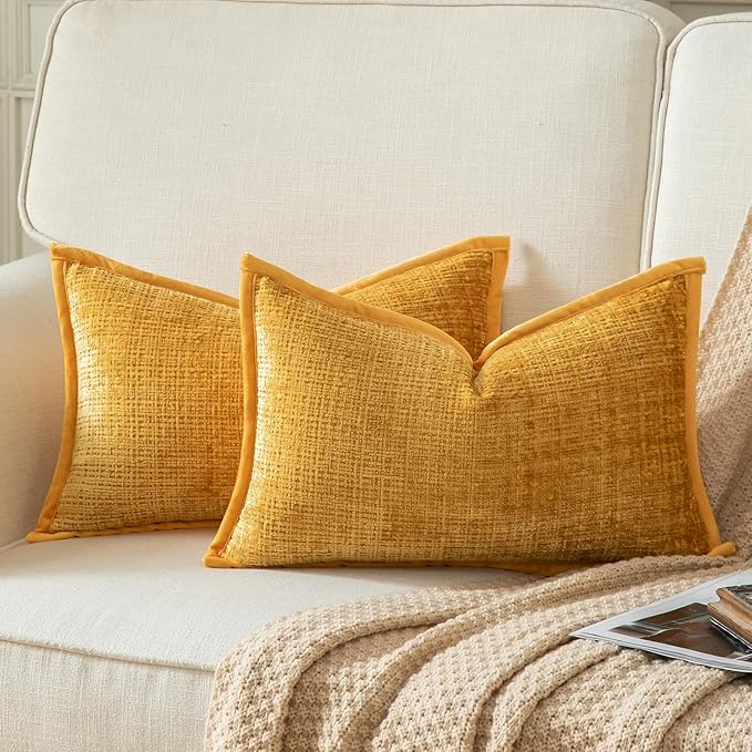 Yaertun Pack of 2 Chenille Textured Decorative Throw Pillow Covers Accent Solid Cushion Cover Soft Cozy Pillow Case with Velvet Back for Couch Sofa Bed Living Room 16x24 Inch Yellow