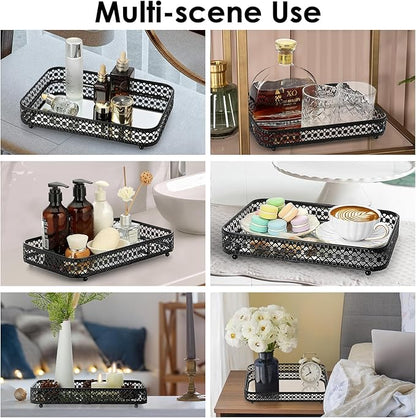 ELLDOO Black Perfume & Makeup Vanity Tray - Hollow-Carved Jewelry Storage, Glass & Metal Trinket Organizer for Dresser & Bathroom Countertop, Medium Size