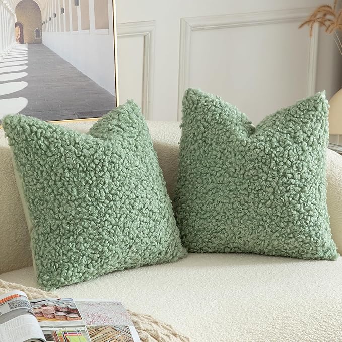 Yaertun Pack of 2 Faux Fur Throw Pillow Covers Decorative Sherpa Boucle Pillow Covers Fuzzy Soft Pillowcases Sheepskin Fleece Cushion Case for Couch Sofa Bed Living Room 20x20 Inch Sage Green