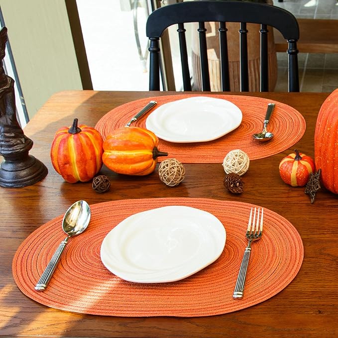 Noctiflorous Oval Braided Placemats Set of 4 Woven 12x18 Inch Non Slip Washable Heat Resistant Place Mats Tablemats for Dining Kitchen Party Daily Table Decor Dinner Mats (Fall Orange, 4)