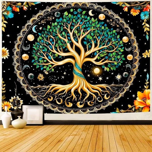 Delur Tree of Life Tapestry Moon Phase Nature Flower Plant Tapestry Wall Hanging Boho Mandala Spiritual Sun Aesthetic Psychedelic Headboard for Bedroom Living Room Home Decor (70.8" x 92.5")