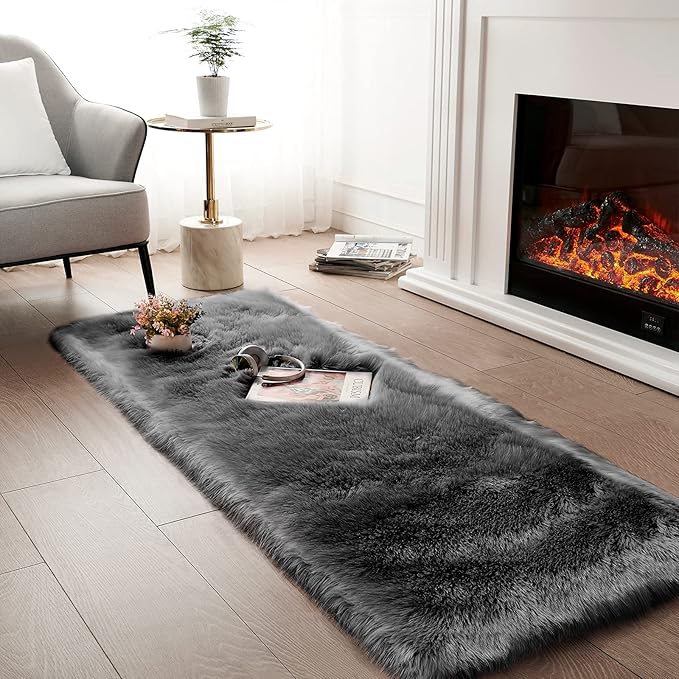 Ciicool Faux Fur Rug for Bedroom, Black Fluffy Shag Rugs for Sofa Couch Seat Cushion, Washable Fuzzy Runner Thick Fur Floor Carpets for Bedside Living Room, 2x6 Ft Rectangle