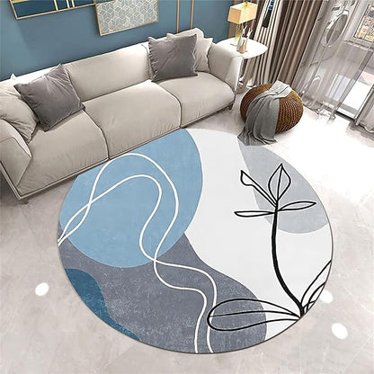 Mid-Century Round Area Rug, 7ft, Bohemian Washable Entryway Rug, Simple Modern Art Blue Bedroom Rug, Non-Slip Soft Living Room Round Rug for Kids Room Home Office Decoration