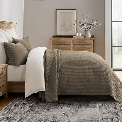 EVERGRACE Cross Stitch Pre-Washed Cotton Quilt Bedding Set King Size, Oversized 3 Pieces Lightweight Bedspread Coverlet for All Season, with 2 Matching Shams, Mocha Brown, 108"x96"