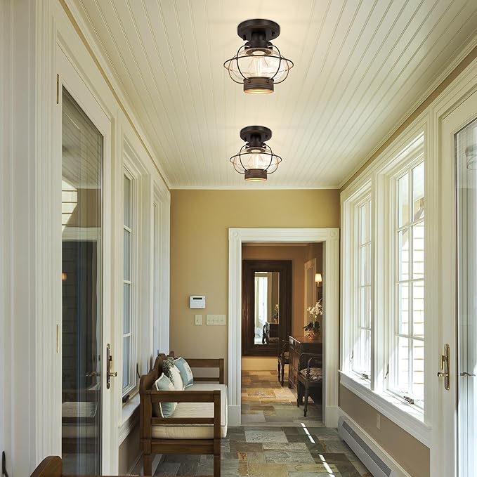Kalium Porch Ceiling Light Fixture, Outdoor Flush Mount Ceiling Light with Glass Globe Shade, E26 Standard Base Industrial Farmhouse Lamp for Hallway Bedroom Balcony Porch Stairway