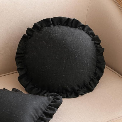 ISAENNE Classic Black Round Throw Pillow Cover Diameter 16", Solid Color Farmhouse Linen Cotton Decoration Pillow Cover with Ruffles, Sturdy Throw Pillow Case for Couch Sofa Bed Living Room