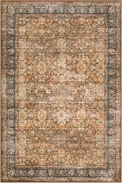 Morebes Area Rug 4x6 Vintage Washable Boho Rugs for Bedroom, Soft Living Room Carpet Non-Slip Non-Shedding Faux Wool Rug for Farmhouse Dining Room Indoor Kids Playroom, Dark Brown