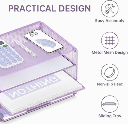 DALTACK 3 Tier Letter Tray Paper Organizer Mesh Metal Desk File Organizer for Home & Office, Light Purple