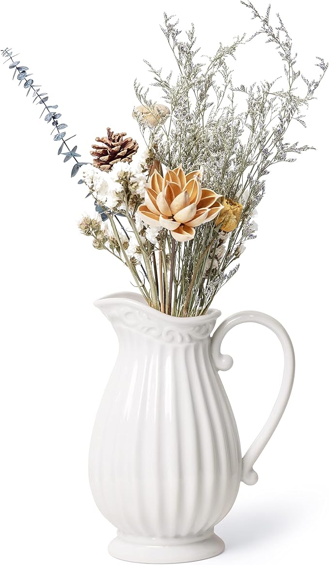 D'vine Dev 10 Inch White Ceramic Pitcher Vase for Home Décor, VS-PT-1