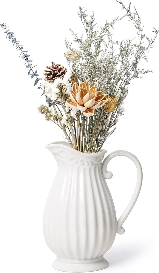 D'vine Dev 10 Inch White Ceramic Pitcher Vase for Home Décor, VS-PT-1