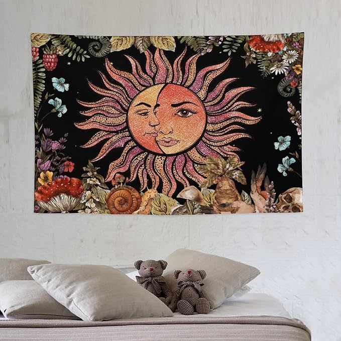 Vintage Sun Tapestry,Boho Hippie Mushroom Plant Botanical Sun and Moon Art Tapestries Wall Hanging for Dorm Living Room Bedroom Decor(40"x60")