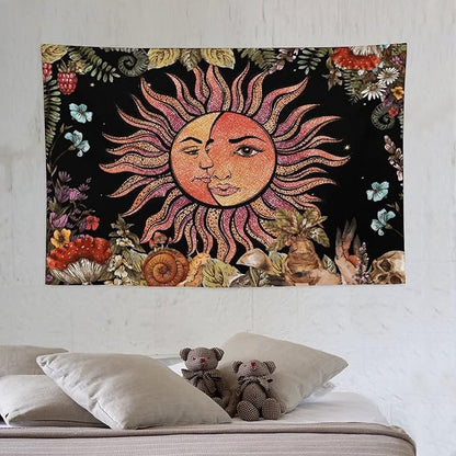 Vintage Sun Tapestry,Boho Hippie Mushroom Plant Botanical Sun and Moon Art Tapestries Wall Hanging for Dorm Living Room Bedroom Decor(40"x60")