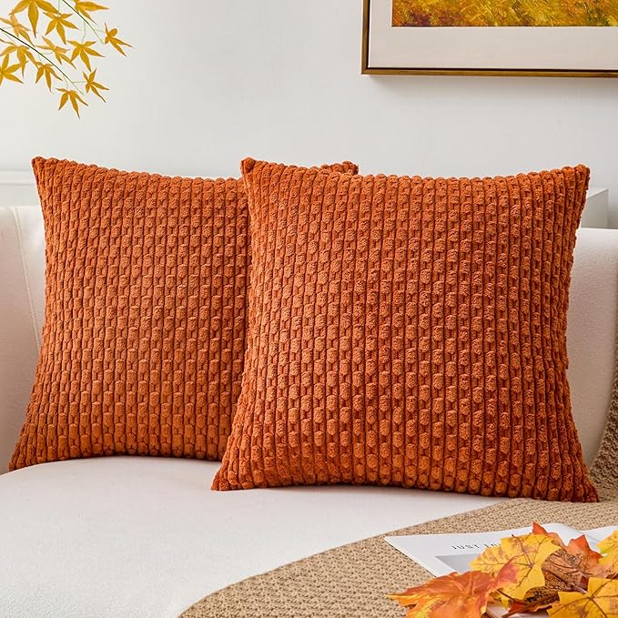 Kevin Textile 2 Packs Fall Boho Decorative Throw Pillow Covers 18x18 Inch for Living Room Couch Bed Sofa Rustic Modern Farmhouse Home Decor Soft Corduroy Square Cushion Case, Rust