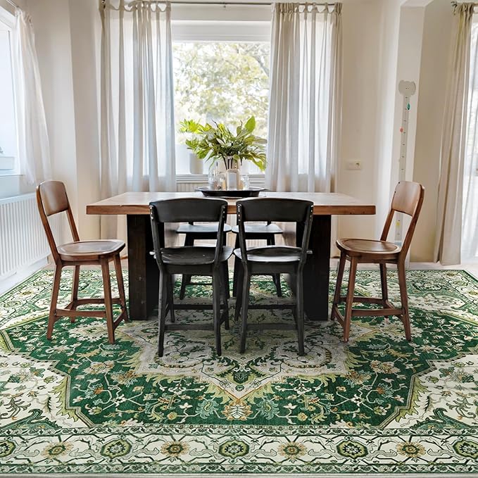 Area Rugs for Living Room 6x9 - Machine Washable Vintage Oriental Soft Rug, Low Pile Thin Floor Carpet with Non Slip Backing for Bedroom, Dorm, Under Dining Room Table, Indoor House, Office Decor