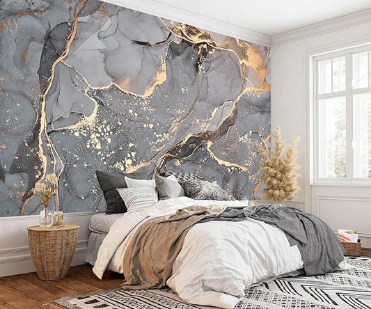 AFZEVEB-Gray and Gold Marble Wallpaper Wall murals for Bedroom 159"x107"(Not Peel and Stick)
