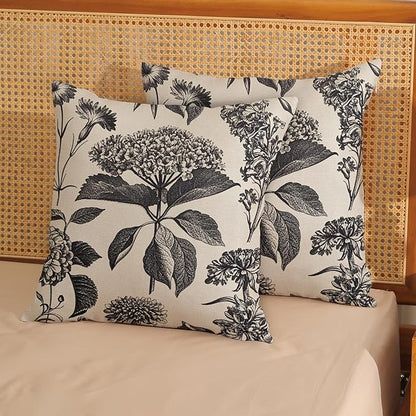 Black Pillow Covers 20x20 Set of 2 Vintage Boho Floral Hydrangea Herbs Botanical Throw Pillow Cover Outdoor Flower Decoration Pillowcase Linen Farmhouse Cushion Case Decorative for Couch Sofa
