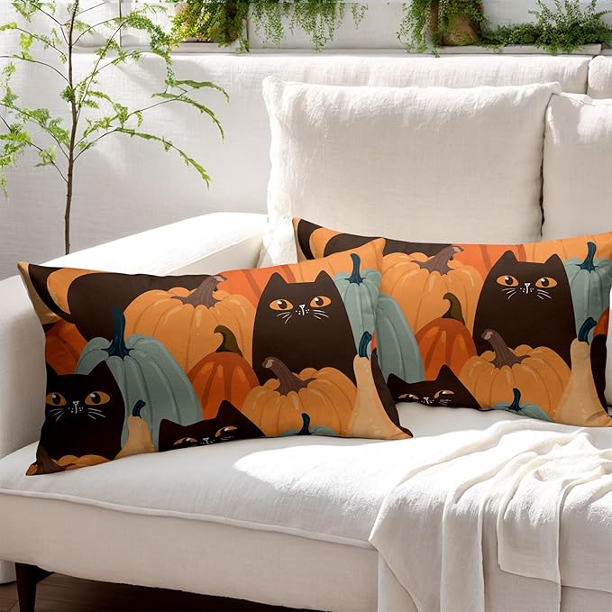 Halloween Pumpkin Fall Pillow Covers 12x20 Set of 2 Burnt Orange Black Cat Print Decorative Autumn Lumbar Outdoor Pillowcases with Zipper Farmhouse Holiday Throw Cushion Case Decor for Couch Sofa Bed