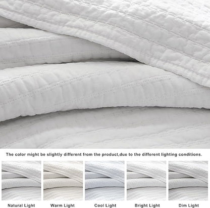 WDCOZY 100% Cotton Queen Size Quilt Set - White Striped Pick Stitch Soft Lightweight Bedspread, Textured Like Linen, Farmhouse Country Rustic Coverlet, Shabby Chic Gauze Bedding, 3 Pieces