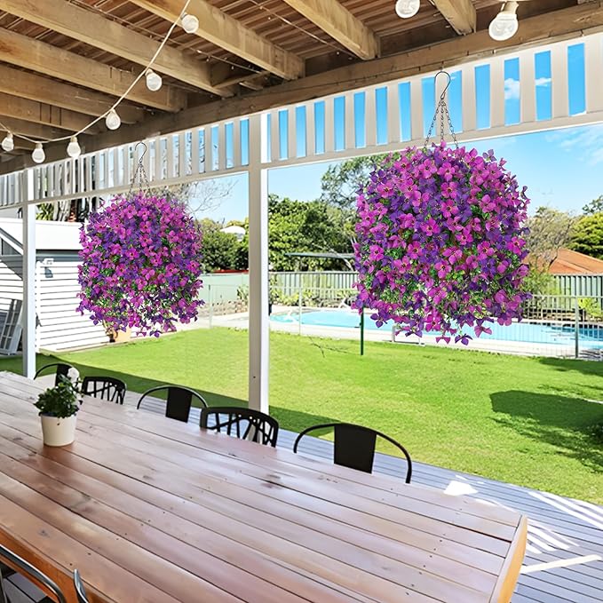 Artificial Hanging Flowers Plants with Basket for Outdoors, Realistic Faux Silk Daisy Flower Eucalyptus for Spring Decor, UV Resistant Fake Plants for Porch Patio Yard Balcony, Violet