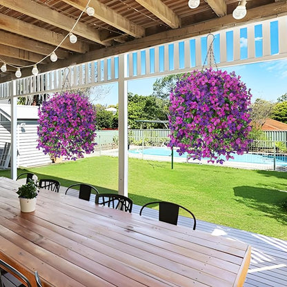 Artificial Hanging Flowers Plants with Basket for Outdoors, Realistic Faux Silk Daisy Flower Eucalyptus for Spring Decor, UV Resistant Fake Plants for Porch Patio Yard Balcony, Violet