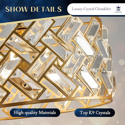 Gold Crystal Chandelier 4-Light, 12" Modern Drum Pendant Light, Small Semi Flush Mount Ceiling Light Fixture for Foyer, Entryway, Kitchen Island, Dining Room, Bedroom, Hallway