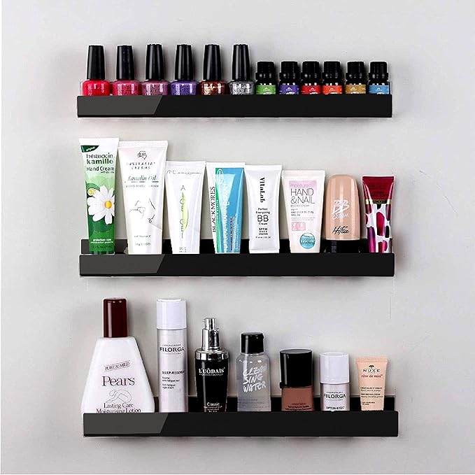 8 Pack 15 Inch Black Acrylic Shelves, Black Kids Floating Bookshelf for Kids Room, Modern Nail Polish Rack Sunglasses Essential Oil Picture Ledge Display Toy Storage Wall Shelf