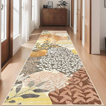 DEXDE Runner Rug 2x8 Fall Washable Hallway Boho Soft Area Rugs Abstract Long Non Slip Leaves Floral Vintage Floor Carpet for Entryway, Kitchen, Laundry, Bathroom, Bedroom,Camel