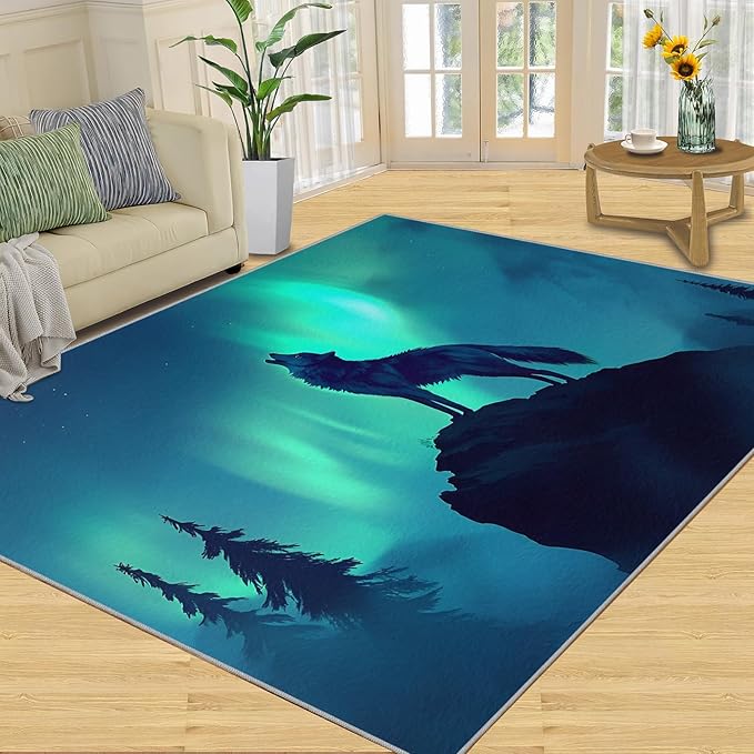 Wolf 3x5 Area Rugs for Living Room -Forest Washable Rug Aurora Non-Slip Carpet Indoor Floor Stain Resistant Thin Carpets for Bedroom Dining Room Home Office