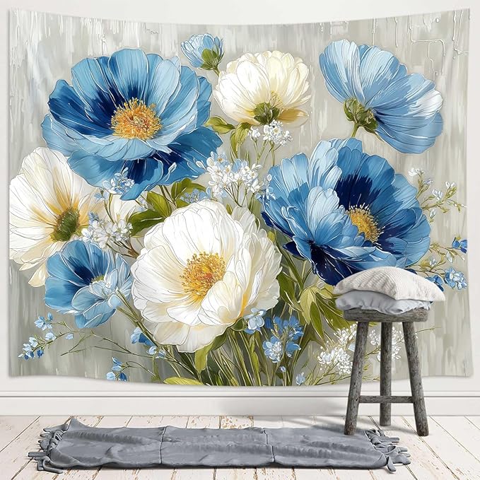 DYNH Blue White Floral Tapestry,Natural Aesthetics Elegant Tapestrie,Modern Flower Painting Wall Hanging,Watercolor Aesthetic Art Decor for Bedroom Living Room Dorm,71X60In