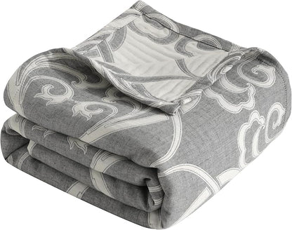 NTBAY 3 Layers Cotton Muslin 106x92 King Bed Blanket, Super Soft Breathable Thermal Yarn Dyed Quilt for Adults, Perfect Lightweight Blanket for Couch Sofa Bed All Seasons, Grey Paisley
