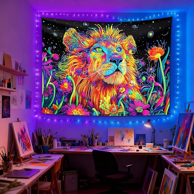 seewan Black Light Lion Tapestry, UV-Reactive Neon Galaxy Lion Wall Hanging, Psychedelic Animal Art Paired with Dreamy Floral Tapestry, Bedroom Dorm Living Room Background Decor