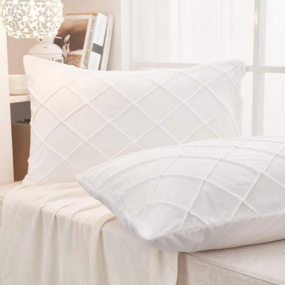 JAUXIO Diamond Pinch Pleated Crystal Velvet Pillowcases 2 Pack Solid Pintuck Throw Cushion Cover for Home Decor Hidden Zipper Closure (White, Standard)