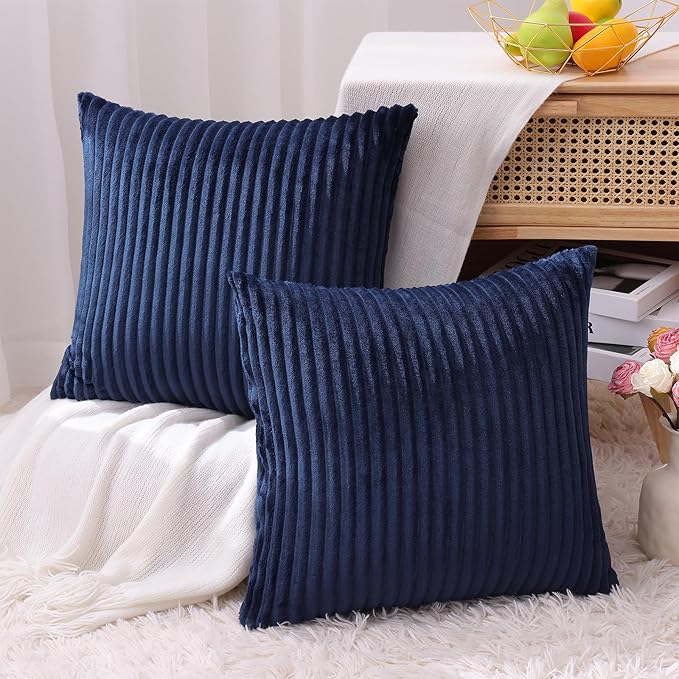 Simmore Decorative Spring Throw Pillow Covers 12x20 Set of 2, Soft Natural Plush Flannel Double-Sided Fluffy Lumbar Pillow Covers for Couch Sofa Living Room, Navy Blue