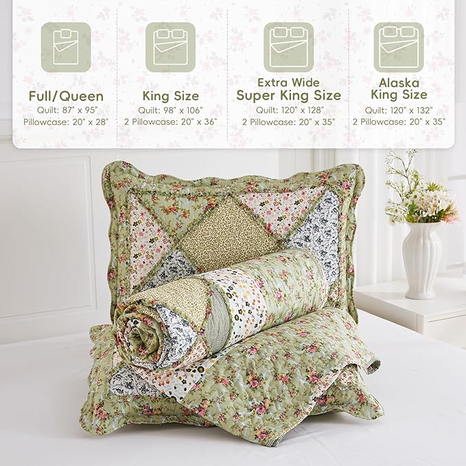 King Size Patchwork Quilt Set Green Floral Reversible Quilted Bedspread Coverlet Set 3-Piece Comforter Lightweight Stitched Quilt Bedding Set Bed Cover Blanket with 2 Pillow Shams for All Seasons