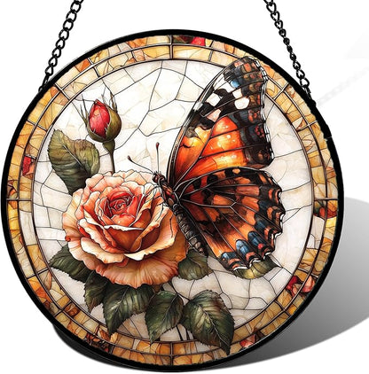 DASTOLL Stained Glass Window Hanging, Butterfly Picking Flowers Suncatcher for Doors Home Sun Catchers Decoration and Christmas, Mother's Day Birthday Gifts for Women, Men, and Mom 14.9x14.9 in