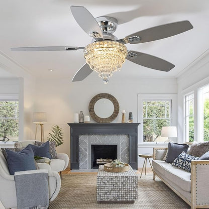 Crystal Ceiling Fan Fandelier with Lights-Ceiling Fans,50" Low Profile and Remote Control, Flush Mount, Reversible, Dimmable, Noiseless,Ceiling Fan for Bedroom（Chrome）