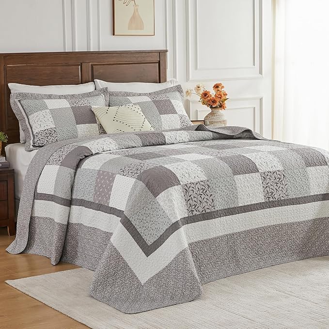 SahSahCasa 100% Cotton 102"x120" Oversized Queen Quilt Bedspread - Quilted Extra Large Comforter Lightweight Bedding Set, XL Plaid Patchwork Wide Bed Spread Coverlet, 3pcs, Taupe Gray