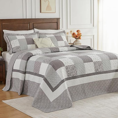 SahSahCasa 100% Cotton 102"x120" Oversized Queen Quilt Bedspread - Quilted Extra Large Comforter Lightweight Bedding Set, XL Plaid Patchwork Wide Bed Spread Coverlet, 3pcs, Taupe Gray
