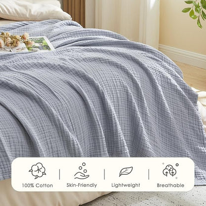 EMME Cotton Muslin Twin XL Blanket Breathable Gauze Blanket Soft Lightweight Blankets Adults Gifts for Women (Dusty Blue, 66"x90")
