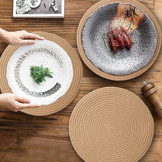 Jute Woven Placemats Set of 6, Round Braided Tablemats Natural Jute Handmade Woven Plate Chargers Heat Resistant Non-Slip Potholder for Table Decoration(13 inch)