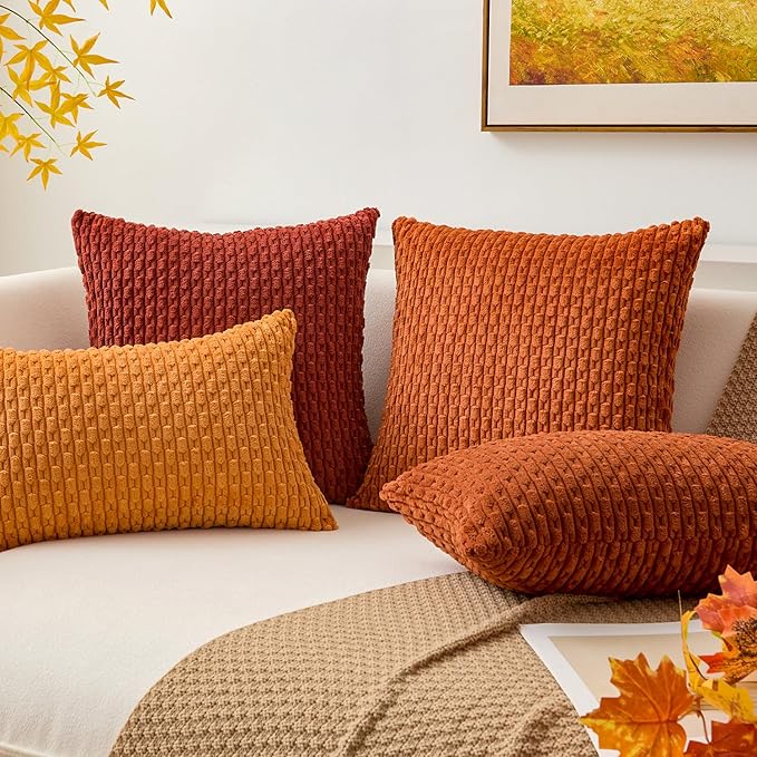 Kevin Textile Fall Pack of 2 Corduroy Decorative Throw Pillow Covers 22x22 Inch Soft Boho Striped Pillow Covers Modern Farmhouse Home Decor for Spring Sofa Living Room Couch Bed Burnt Brick